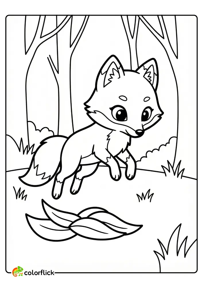 Adorable Chibi fox leaping towards a pile of leaves in a simple full-bleed forest setting, a free printable coloring page for kids and preschoolers.