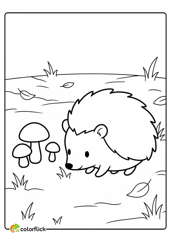 Cute Chibi hedgehog sniffing the ground next to three mushrooms in a grassy field, a free printable coloring page for kids.