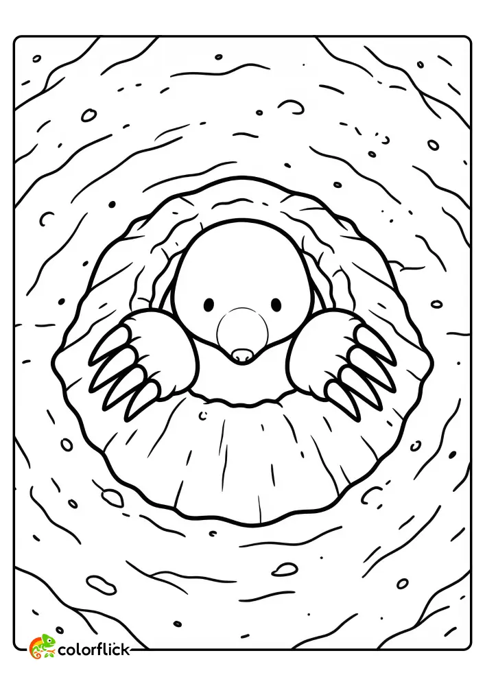 A top-down view of a cute Chibi mole with large claws emerging from a dirt pile, a free printable coloring page for kids and preschoolers.