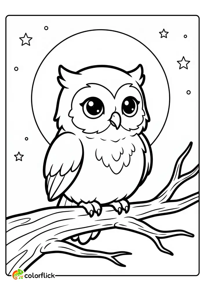 Cute Chibi owl perched on a thick branch with a full moon directly behind it, a printable coloring page for kids and preschoolers.