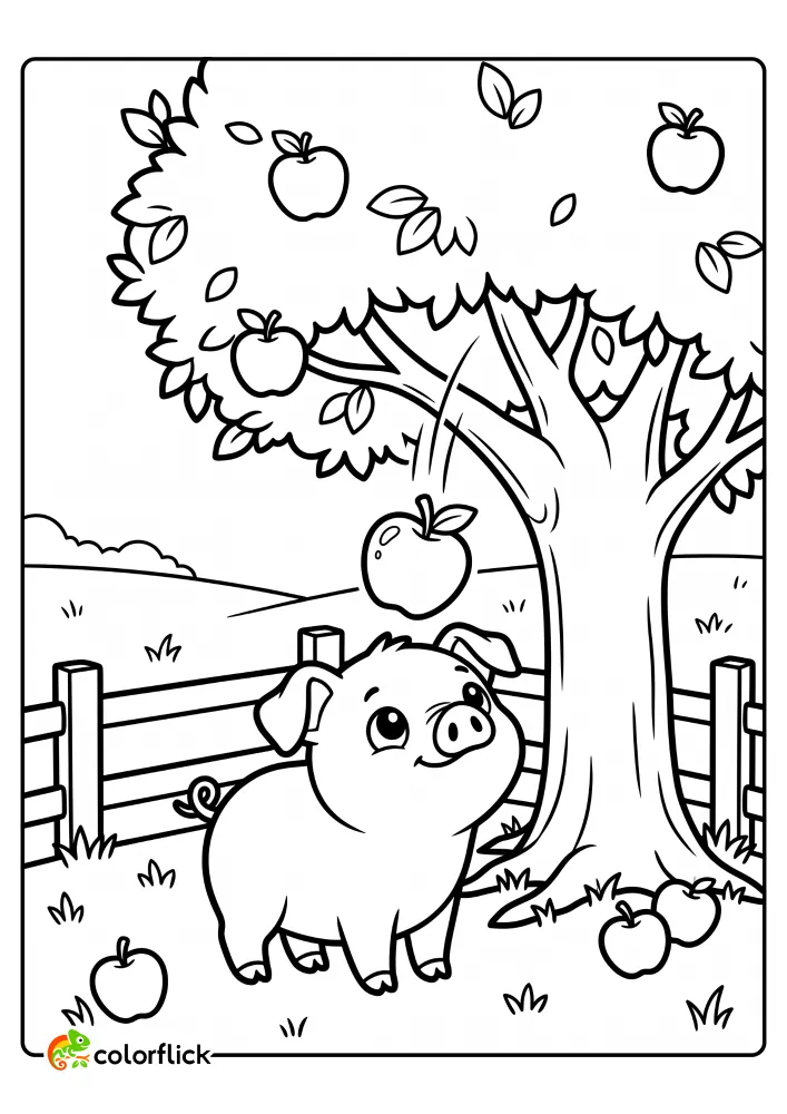 A cute pig in a pasture looks up to catch a falling apple from a tree, printable coloring page for kids.