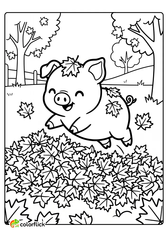 Cute happy pig jumping into a huge pile of fall maple leaves, printable coloring page for kids.