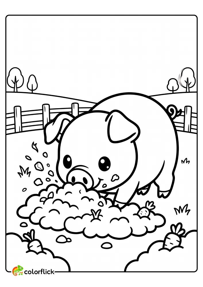 A cute pig digging with flying soil, searching for roots and carrots, free printable coloring sheet for kids.