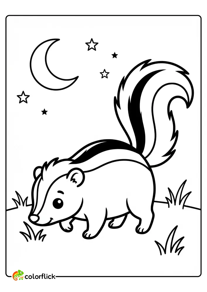 Cute Chibi skunk walking with its bushy tail up under a crescent moon and stars, a free printable coloring page for preschoolers and kids.