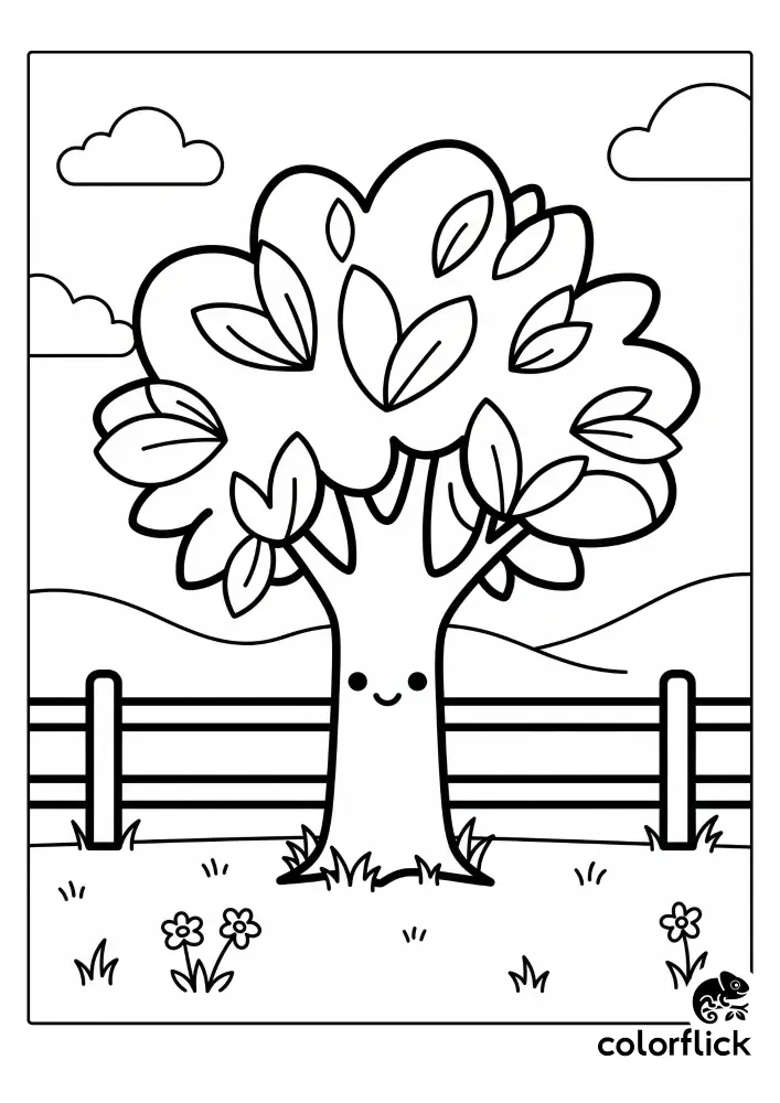 Cute chibi cartoon tree with a smiling face standing next to a horizontal fence in a landscape with hills and clouds, printable coloring page for kids.