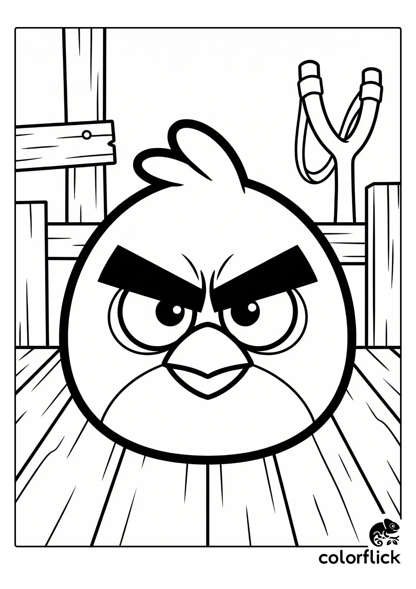 Chibi Red from Angry Birds with large eyebrows and furrowed brow, a printable coloring page for kids.