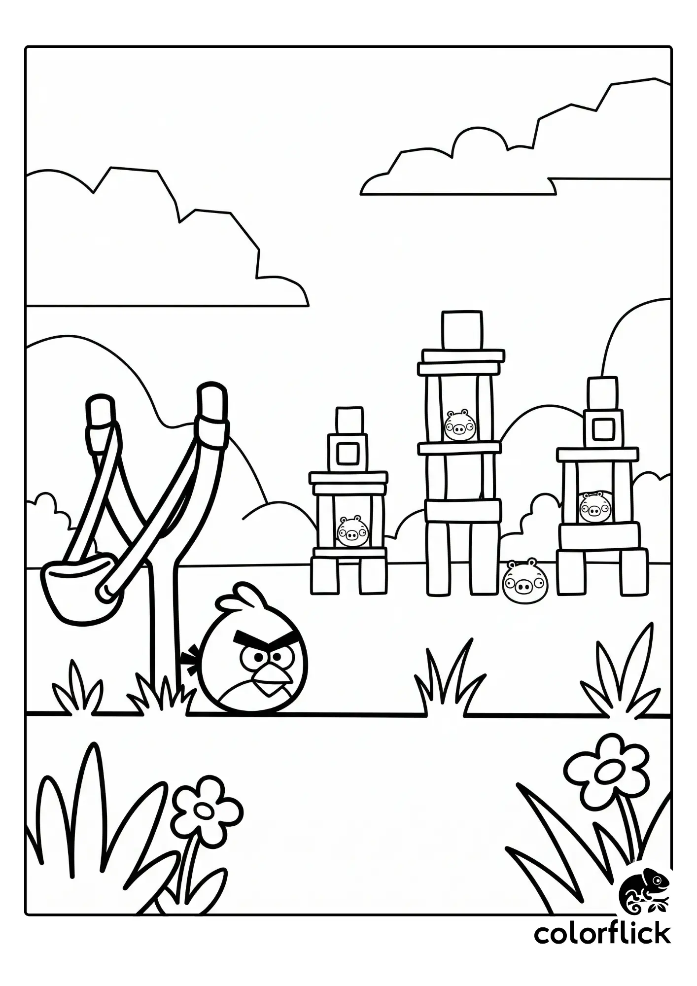 Chibi Angry Bird and a large slingshot prepared to launch at a stack of Bad Piggies crates, printable coloring page for kids.