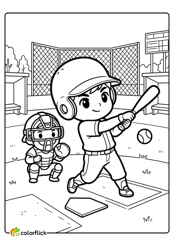 Cute boy baseball batter in mid-swing hitting a ball with a crouching catcher behind him on a simple baseball field, printable coloring page for kids.