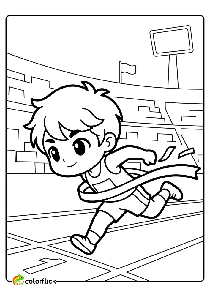Cute boy sprinter breaking through a finish line ribbon on a running track, printable coloring page for kids.