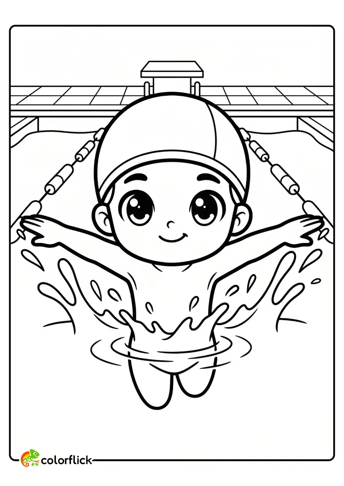 Cute boy swimmer performing a powerful butterfly stroke with big splashes in a pool, printable coloring page for kids.