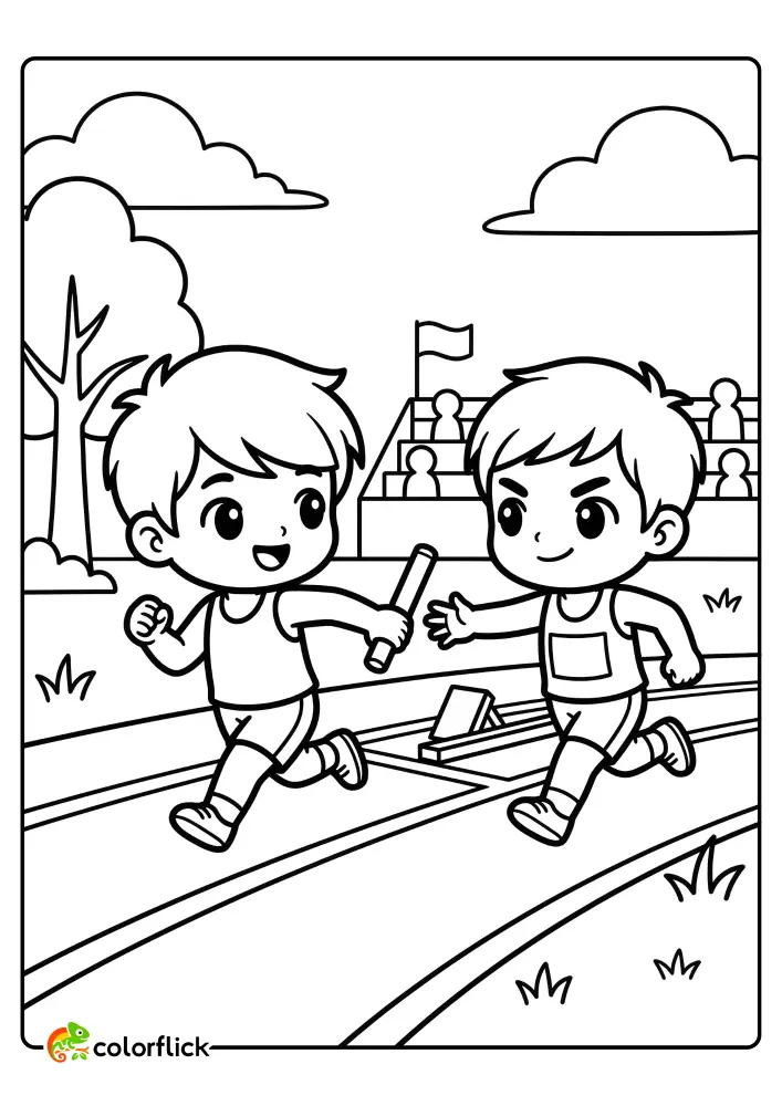Cute boys running a relay race and passing a baton on a track, a printable coloring page for kids.