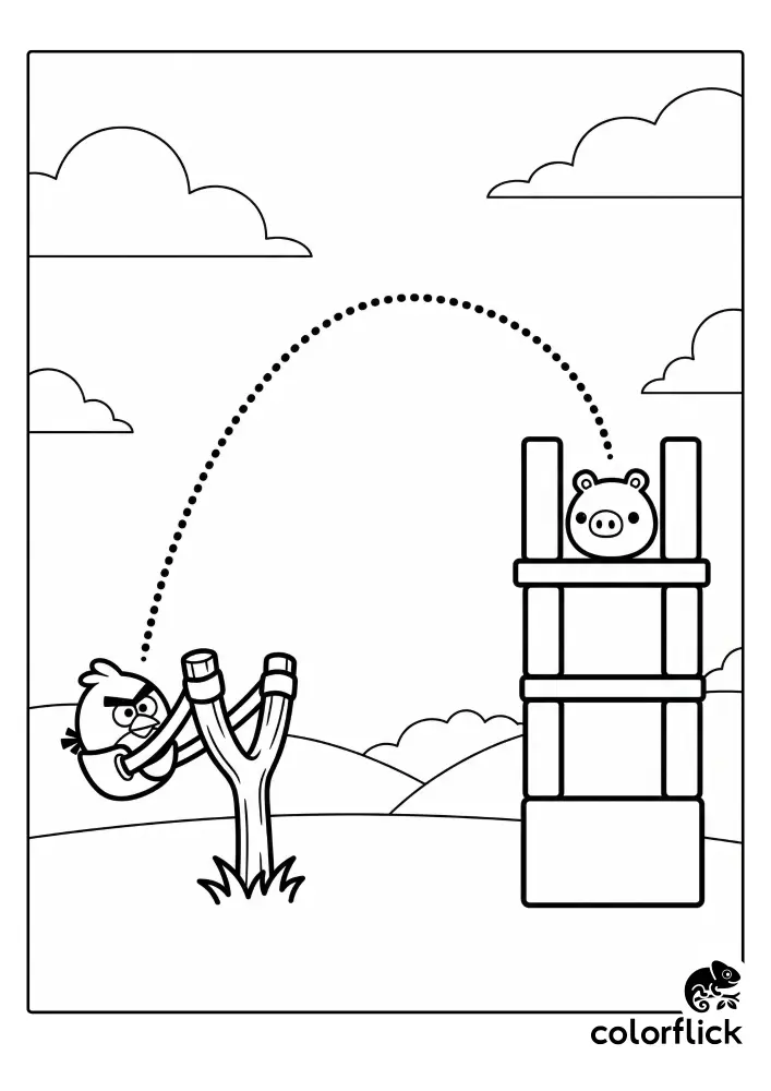 Free printable coloring sheet featuring a cute Chibi angry bird in a slingshot with a dotted arc flight path leading toward a block tower with a pig.