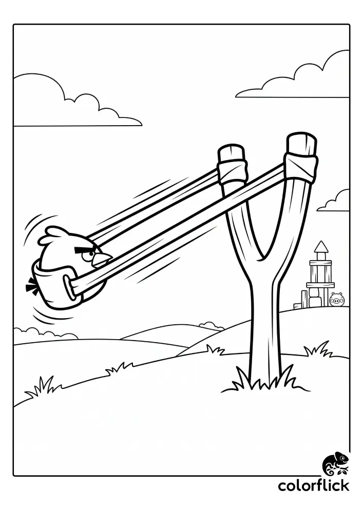 Free printable coloring sheet featuring a cute side-view Chibi angry bird pulled back tightly in a wooden slingshot with motion lines, ready to launch.