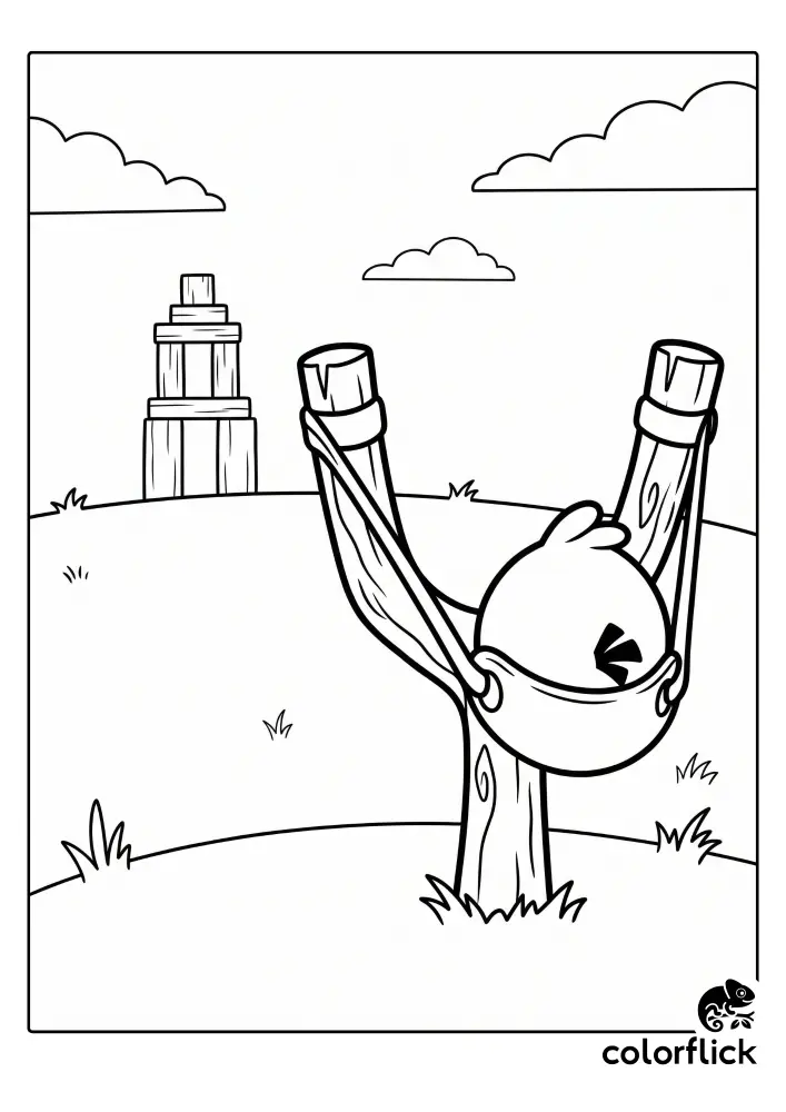 Printable coloring page for kids featuring a simple Chibi-style round angry bird pulled back in a wooden slingshot, aiming at a block tower in the background.