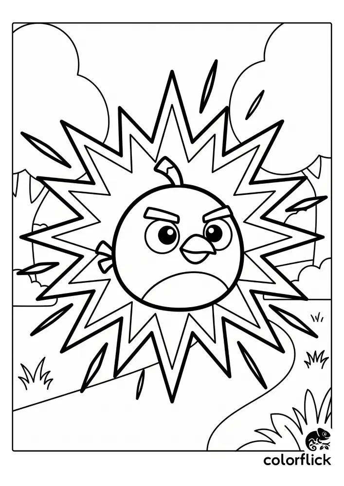 Free printable coloring sheet featuring a cute Chibi black angry bird standing in the center of a large, jagged starburst explosion with simple trees and nature in the background.