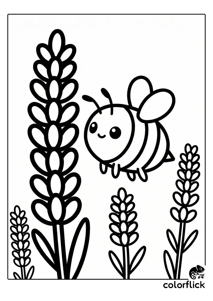 Chibi bumblebee flying next to a tall lavender stalk in this printable coloring page for kids, featuring simple bold lines and a cute design perfect for toddlers.