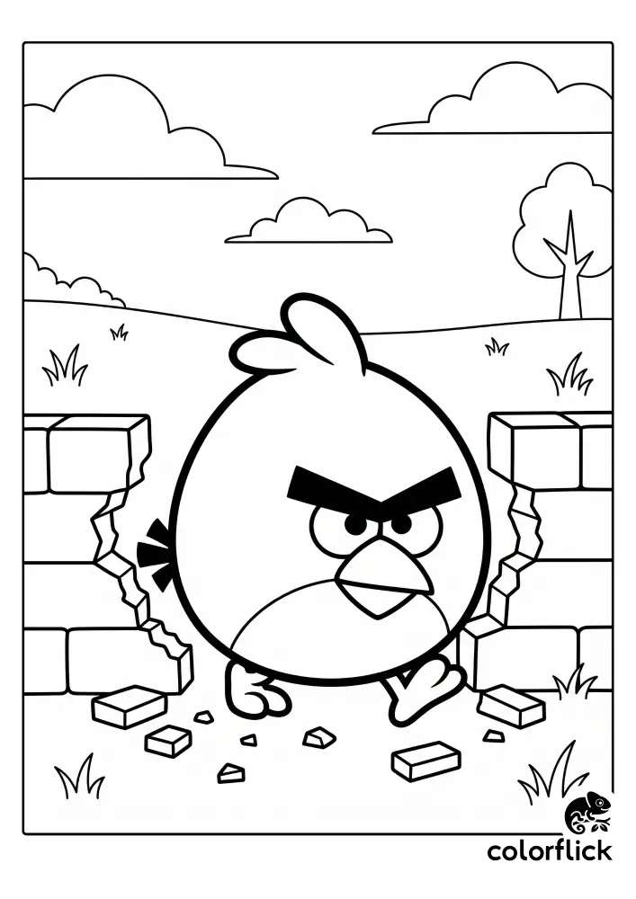 Free printable coloring sheet featuring a very large Chibi red angry bird walking confidently through a hole in a broken stone wall with scattered rectangular pieces.
