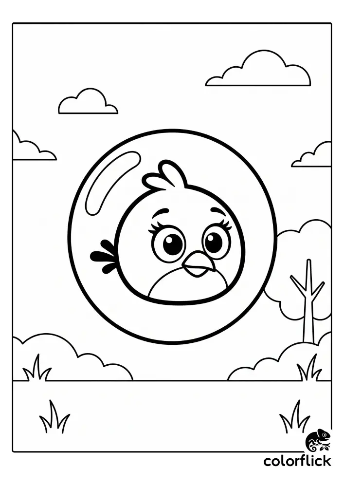Free printable coloring sheet featuring a cute Chibi pink bird floating inside a large round bubble above a simple grassy field.