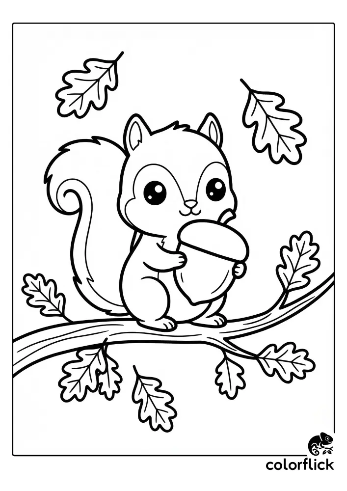 Chibi red squirrel holding a large acorn on an oak branch, a printable coloring page for kids.