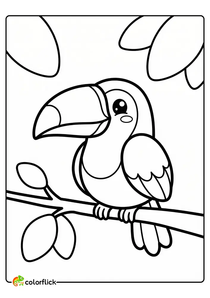 Adorable chibi toucan bird with a large beak perched on a tree branch surrounded by large leaves, a free printable coloring sheet for kids to enjoy.