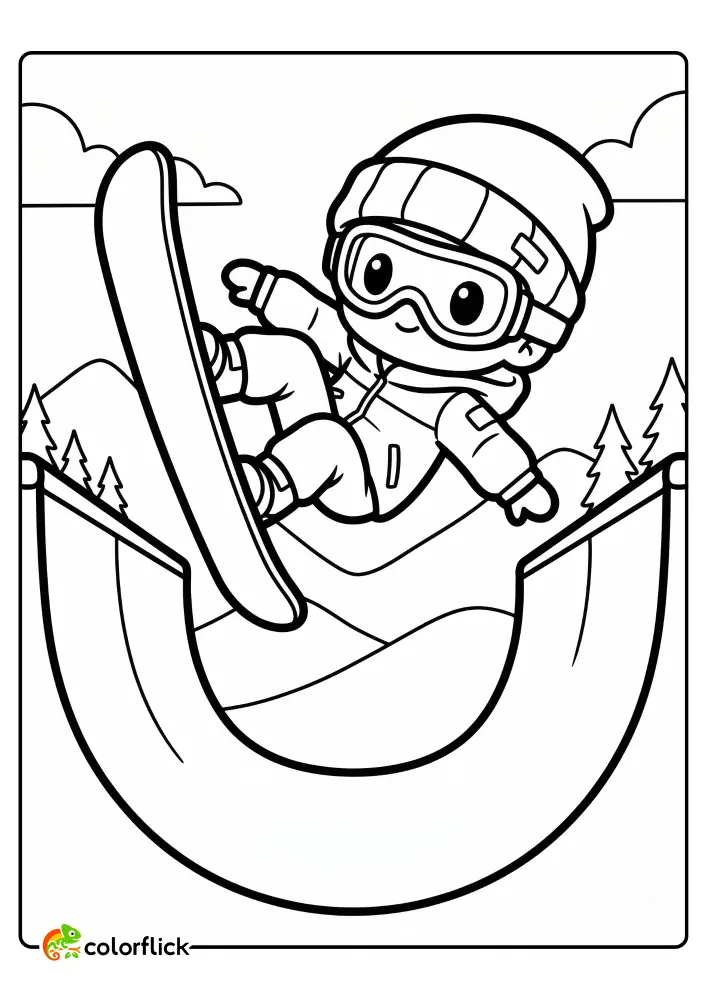 A cute chibi-style snowboarder performing a grab over a halfpipe, printable coloring page for kids.
