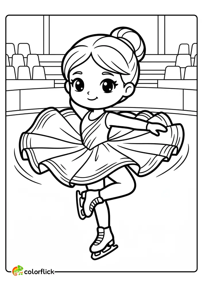 Cute chibi girl figure skater in a dress performing a spin on one foot with extended arms on an ice rink, simple black and white line art coloring page for kids.