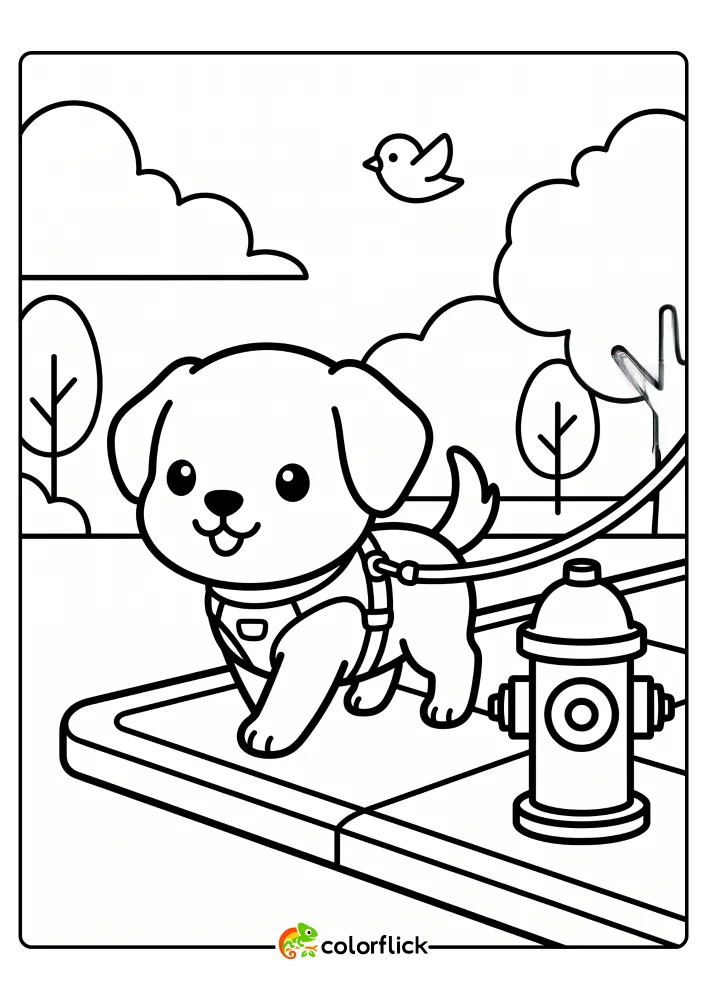 A black and white line art drawing of a happy puppy walking on a sidewalk wearing a harness and leash, with a fire hydrant and a flying bird. This is a printable coloring page for kids.