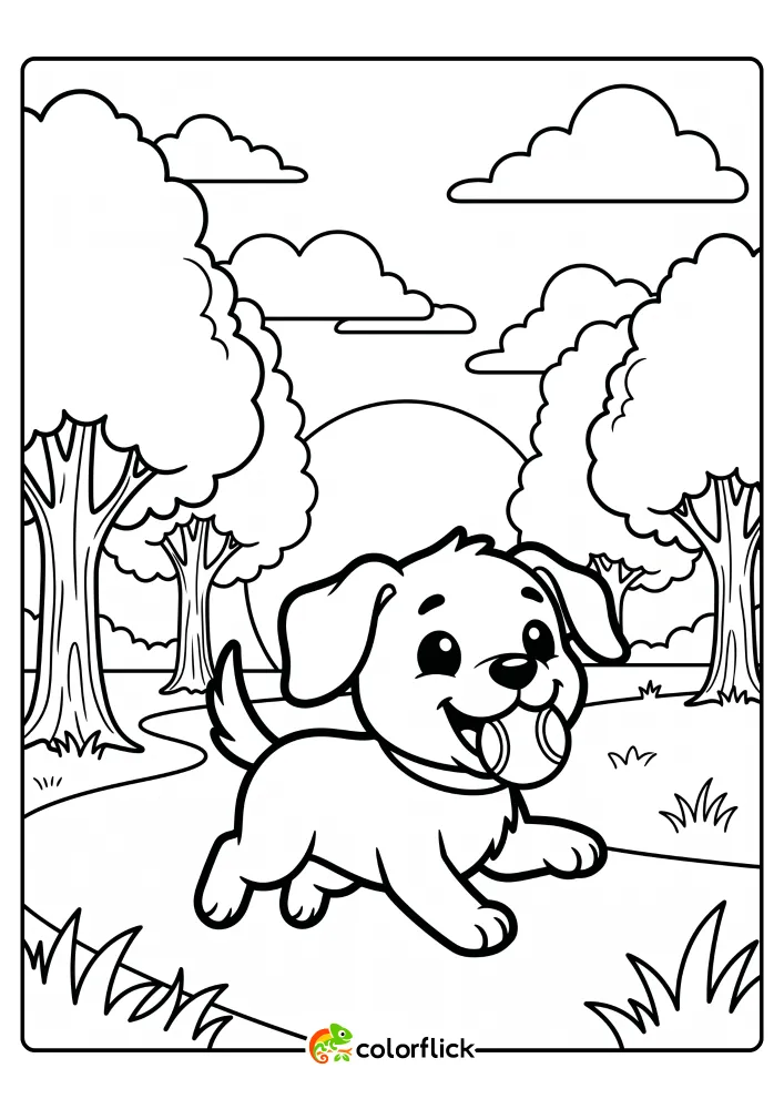 A black and white outline drawing of a happy puppy running through a park with a tennis ball in its mouth. This is a printable coloring page for kids featuring tall trees and fluffy clouds in the background.