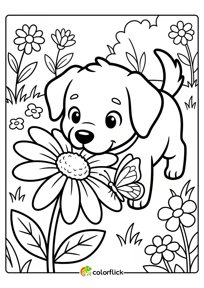 A black and white outline drawing of a curious puppy sniffing a large daisy flower with a delicate butterfly resting on its petal. This is a free printable coloring sheet featuring a beautiful garden setting.