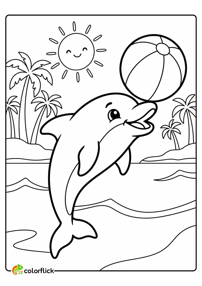 A cute dolphin leaping out of the ocean and balancing a large beach ball on its nose. In the background are palm trees and a smiling sun, perfect as a free printable coloring sheet for preschoolers and toddlers.