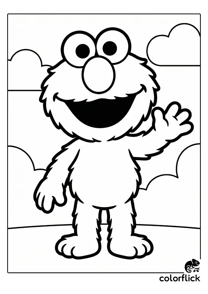 A cute Chibi Elmo character waving hello in a printable coloring page for kids, featuring bold black outlines and simple clouds.
