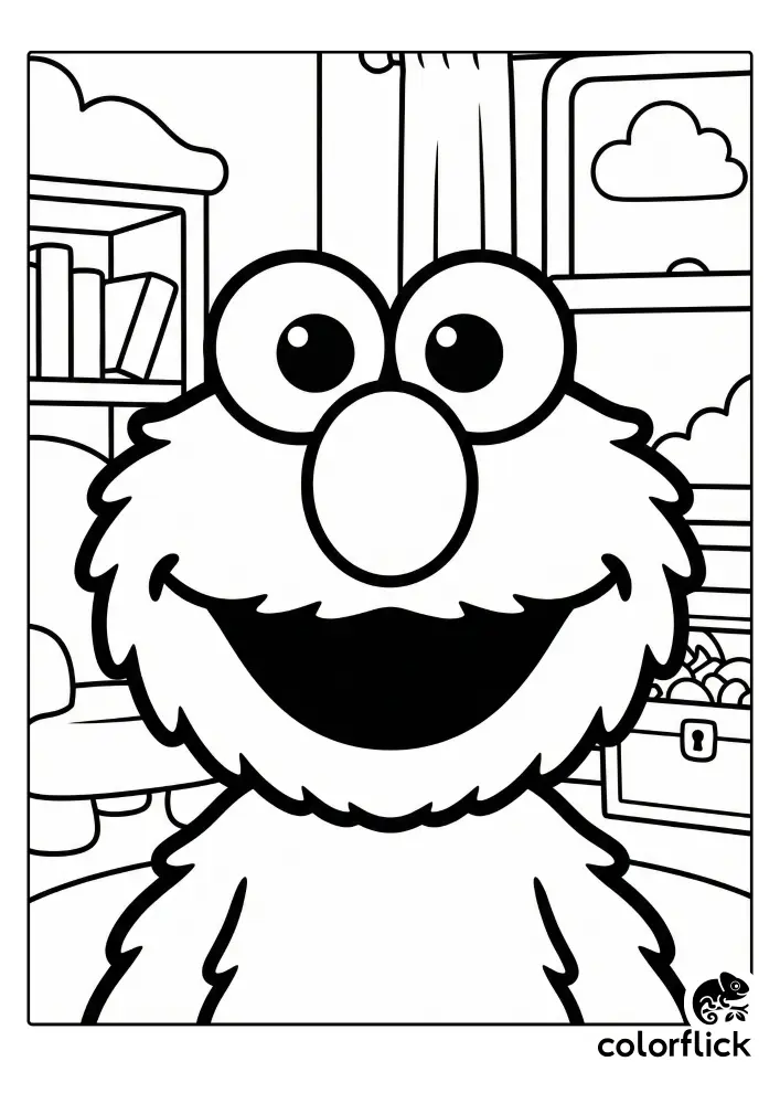 A free printable coloring sheet for kids featuring a large, simple close-up of Chibi Elmo's smiling face with ultra-thick outlines, set in a cozy bedroom context with a toy chest and bookshelf.