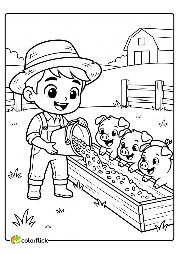 Cute farmer feeding three hungry pigs on a farm printable coloring page for kids.