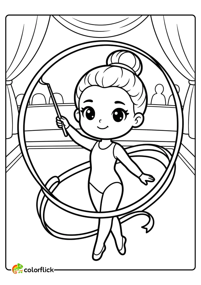 Cute girl gymnast holding a long flowing rhythmic ribbon forming a large spiral loop around her body on a performance stage, printable coloring page for kids.
