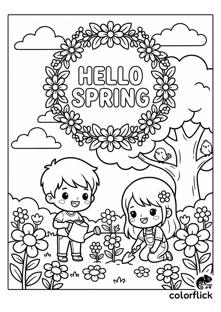 Chibi boy and girl gardening under a 'Hello Spring' floral wreath with birds in a tree, a free printable coloring page for kids.