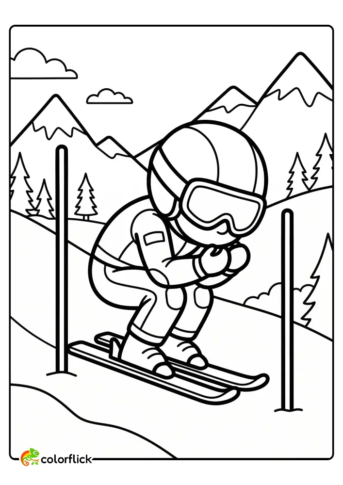 Cute Chibi style child ski racer in an aerodynamic tuck crouch skiing down a mountain slope between poles. Simple line art coloring page for kids with a mountain and tree background.