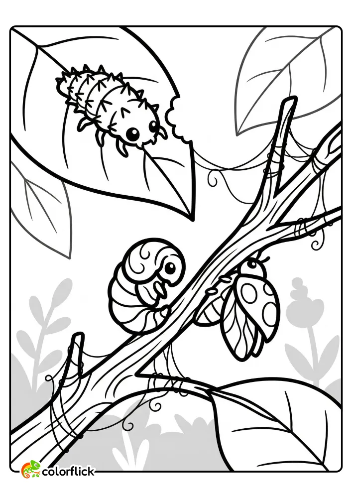 A cute spiky larva eating a leaf next to a curled pupa and an emerging ladybug on a silk-wrapped branch, printable coloring page for kids.