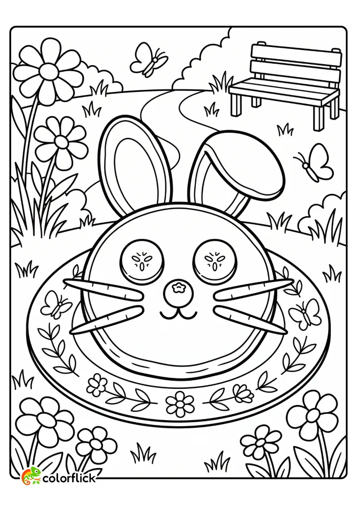 Cute food art pancake bunny face with banana eyes and carrot whiskers in a garden printable coloring page for kids.