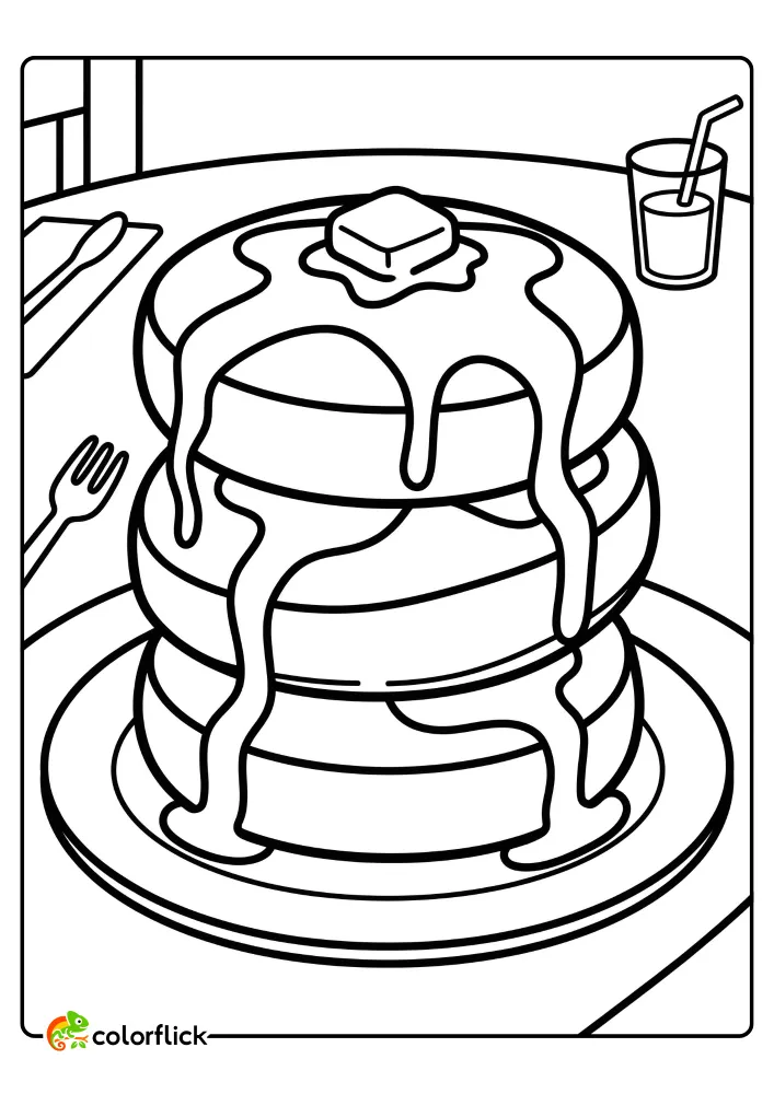 Cute stack of pancakes with syrup and butter on a breakfast table printable coloring page for kids.