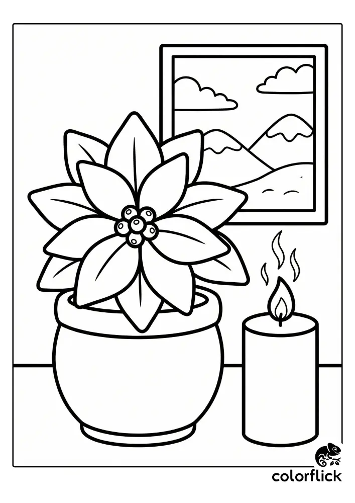 Chibi-style poinsettia flower in a pot next to a lit candle and a window with mountains, a free printable coloring page for kids.