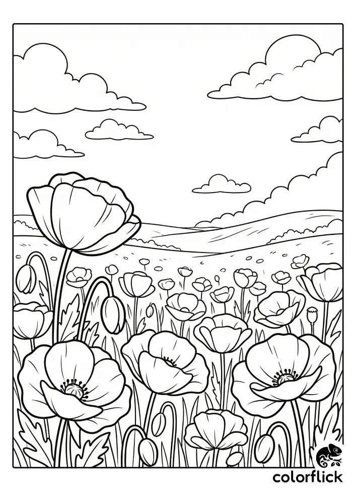 Chibi-style poppy field with flowers and clouds, a free printable coloring sheet for kids.