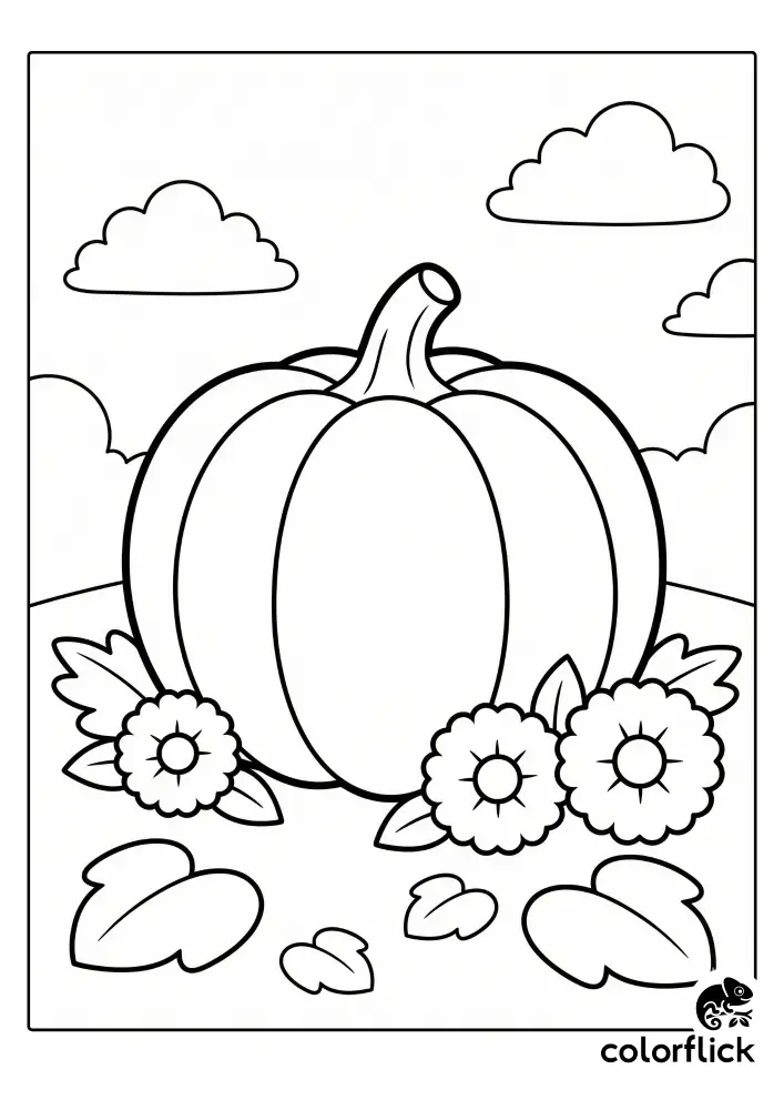 Cute chibi pumpkin with three marigold flowers and fallen leaves in a simple autumn harvest scene, a free printable coloring sheet for kids and preschoolers.