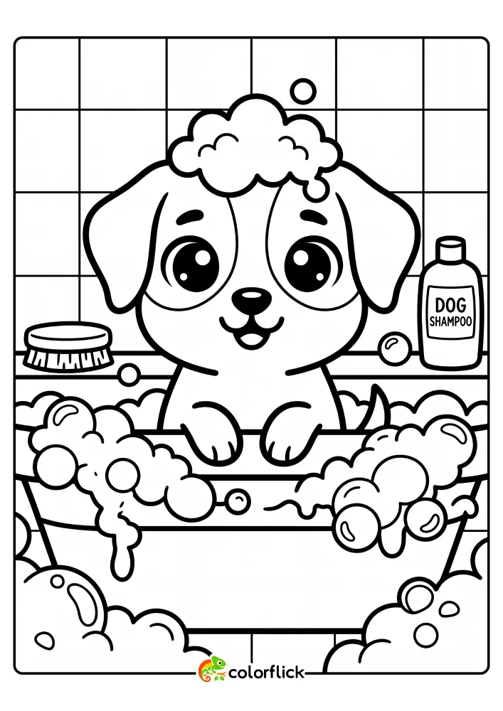A printable coloring page for kids featuring a cute puppy sitting in a bathtub filled with bubbles and wearing suds on its head. On the tub ledge are a scrub brush and a bottle of dog shampoo.