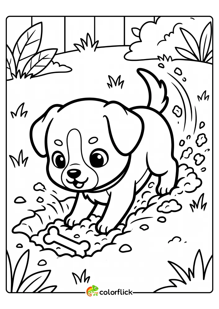 A printable coloring page for kids featuring a playful puppy digging a hole in the dirt with pebbles flying up, revealing a half-buried toy bone.