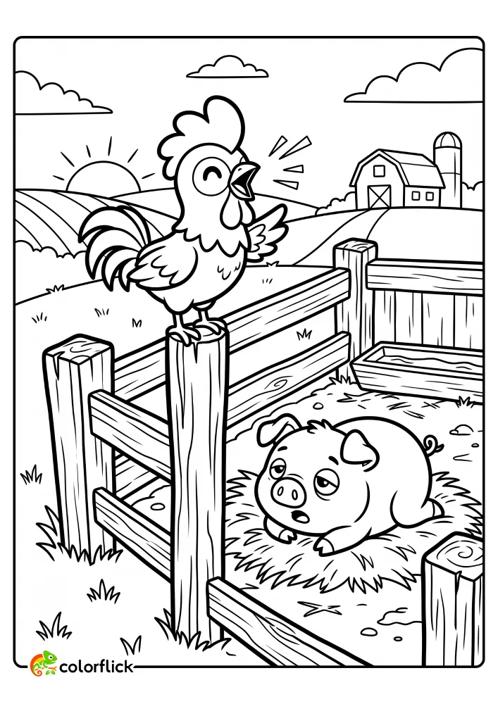 Cute cartoon rooster on a fence post crowing at dawn above a sleepy pig in a farmyard pen printable coloring page for kids.