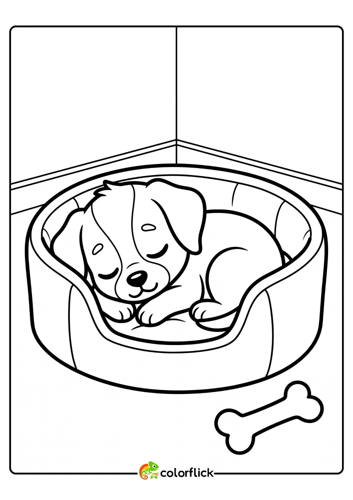 A printable coloring page for kids showing a cute puppy sleeping soundly inside a cozy dog bed with a bone toy nearby on the floor.