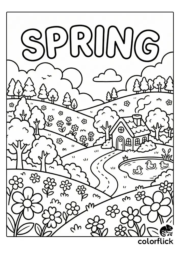 Free printable coloring sheet for kids featuring a cheerful "SPRING" text above a chibi landscape with rolling hills, a winding path leading to a cozy cottage, and ducks swimming in a pond.