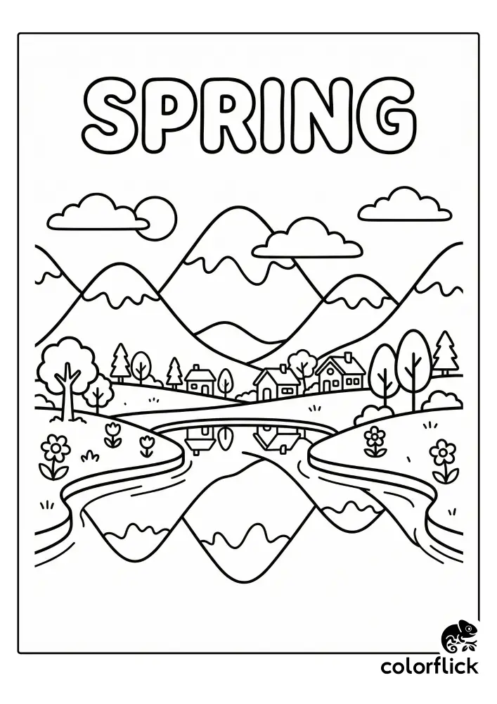 Free printable coloring sheet for kids featuring a chibi spring landscape with mountains reflecting in a calm river and a small village under bubble text "SPRING".