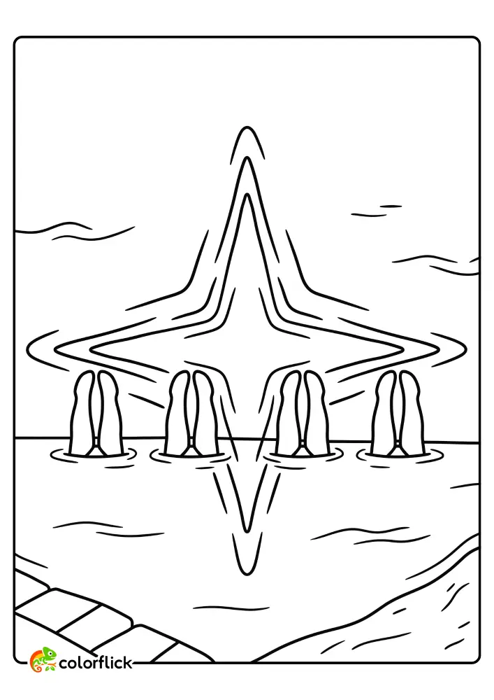 Cute synchronized swimmers' legs forming a star in a pool coloring page for kids.