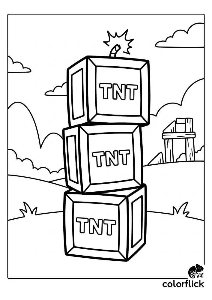 Free printable coloring sheet featuring a tall stack of three square TNT explosive crates with a sparking fuse at the top, set in a simple outdoor scene.
